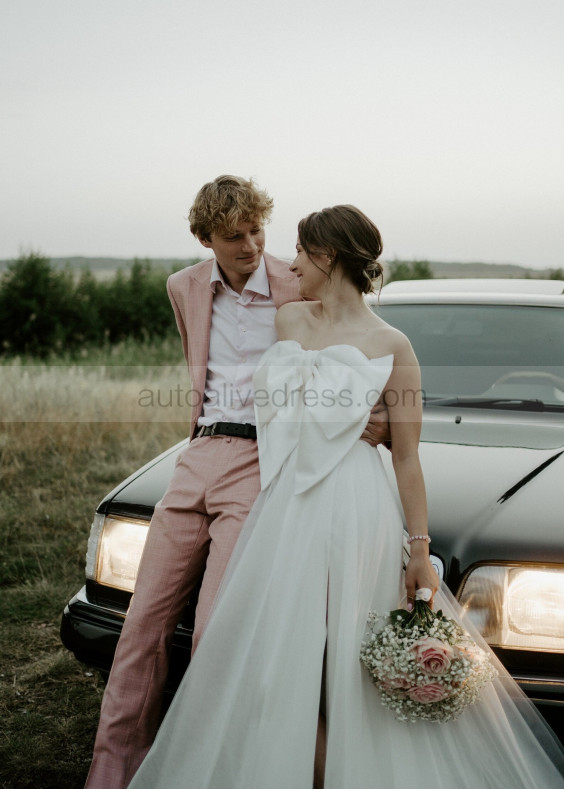 Strapless Ivory Satin Tulle Slit Wedding Dress With Big Bow Strapless Ivory Satin Tulle Slit Wedding Dress With Big Bow
